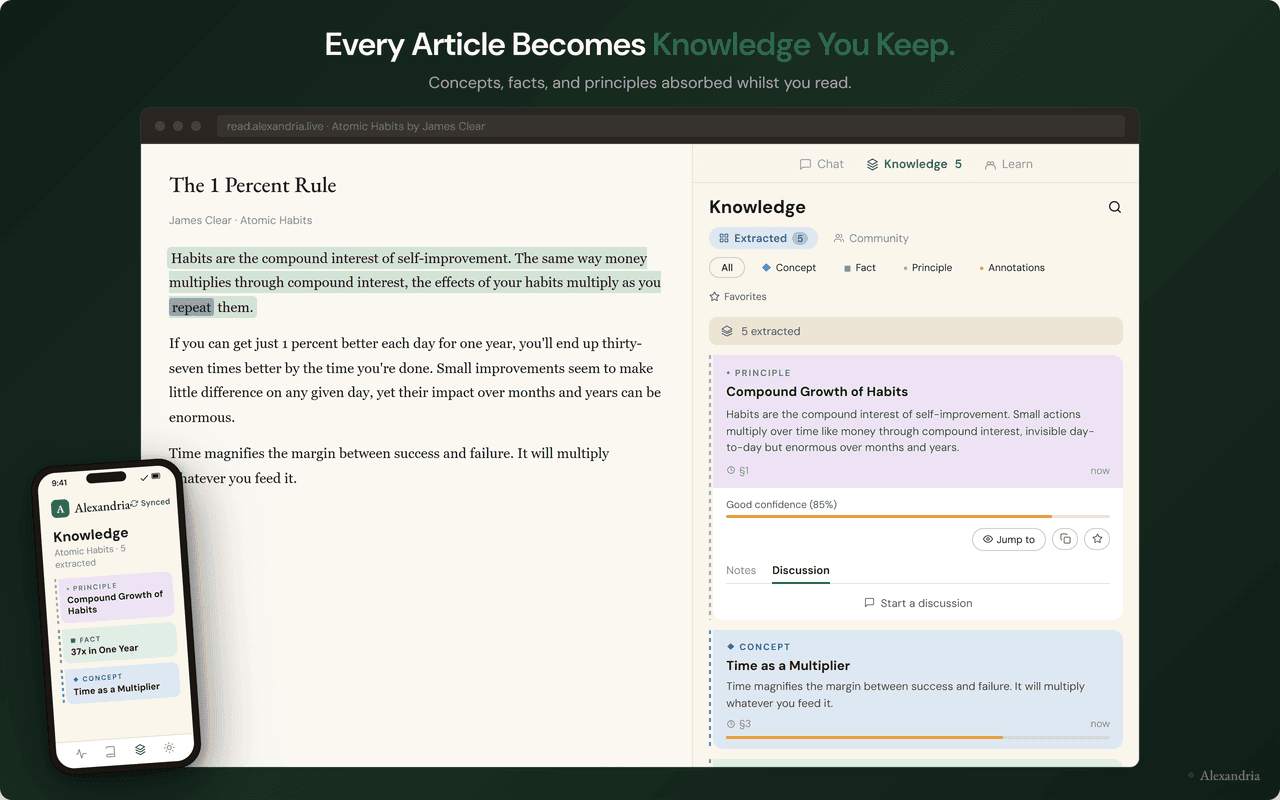Alexandria reading view with extracted concepts, facts, and principles shown alongside the article