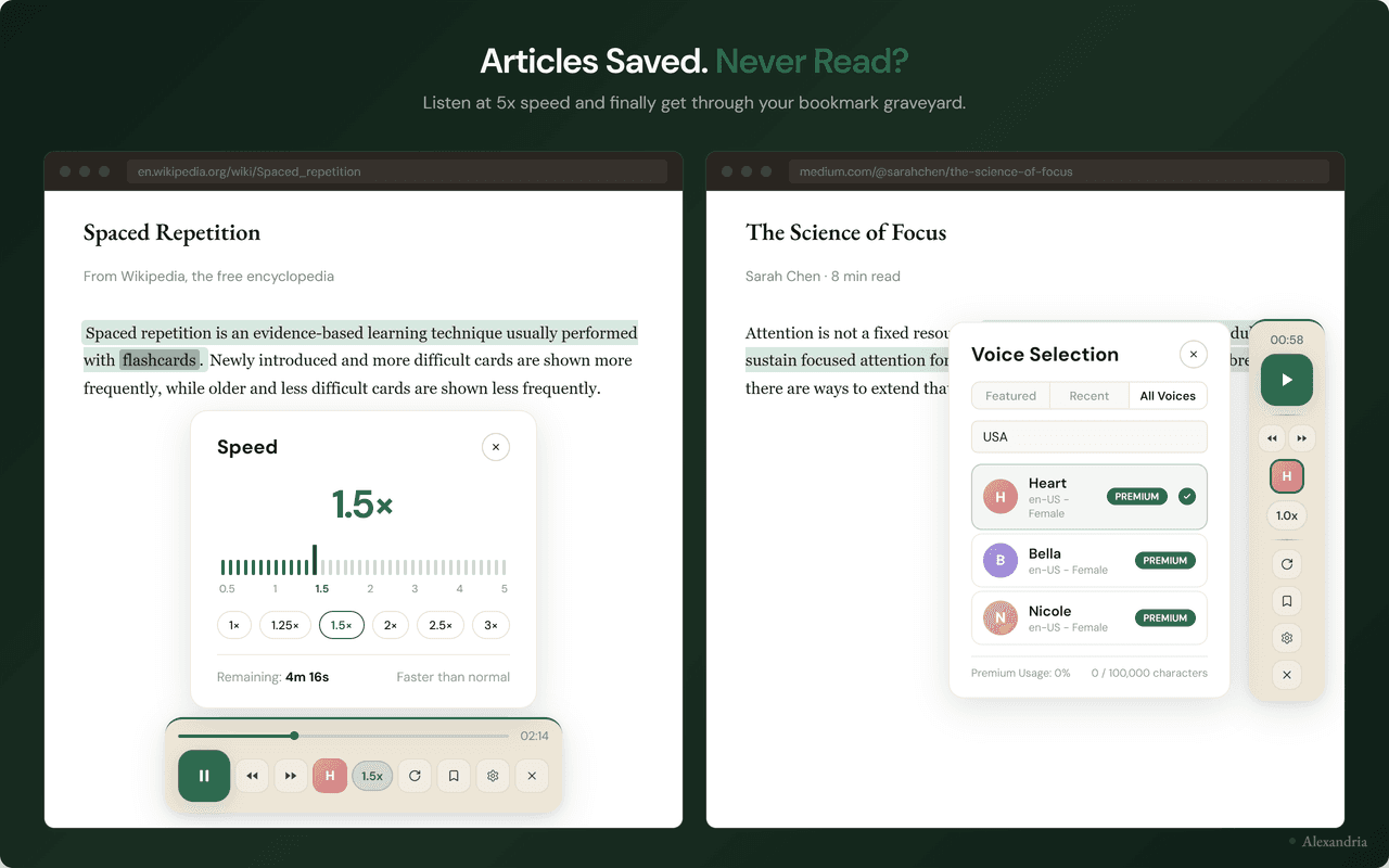 Alexandria library view showing saved articles synced across devices, ready to resume listening