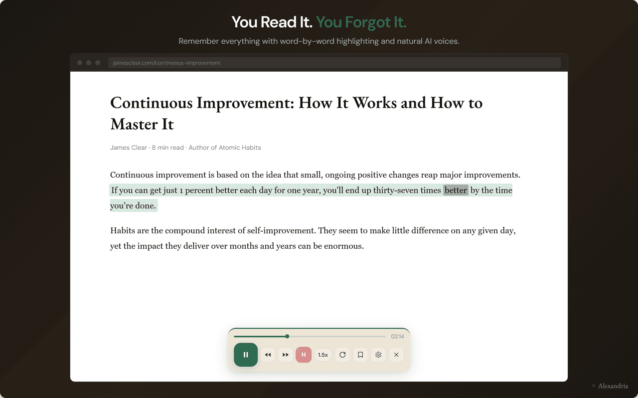 The Alexandria widget on a long-form article, showing word-by-word highlighting in sync with the audio